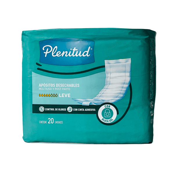 Aposito marca Plenitud para la incontinencia leve. Multiuso y post parto con cinta adhesiva. 20 unidades