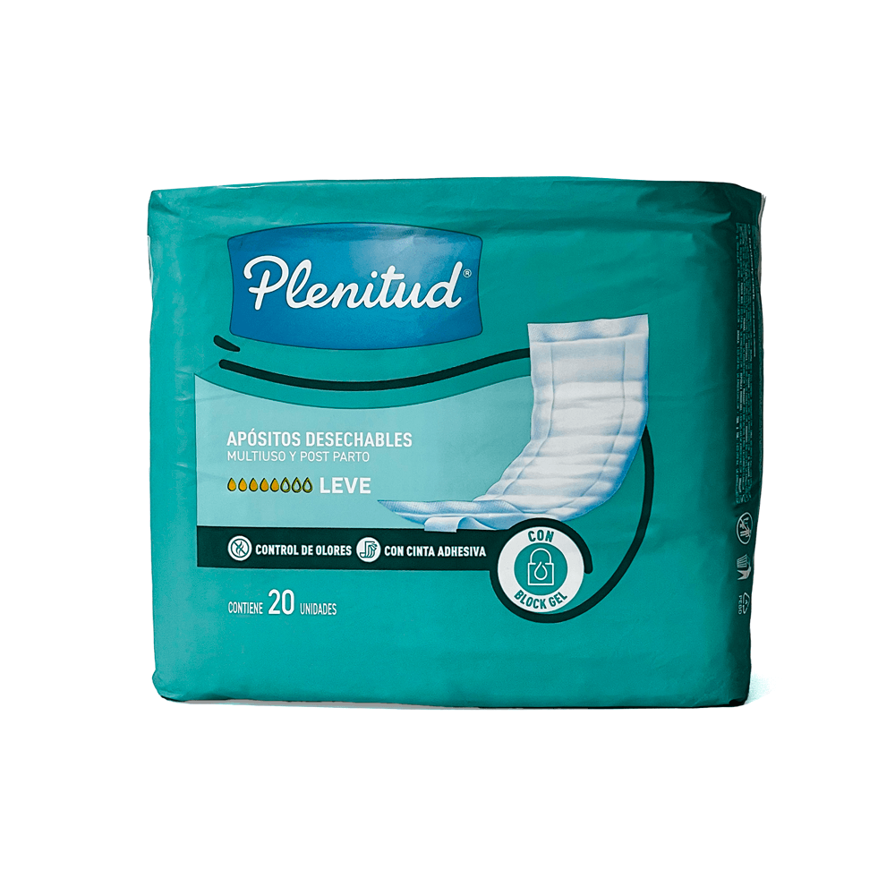 Aposito marca Plenitud para la incontinencia leve. Multiuso y post parto con cinta adhesiva. 20 unidades