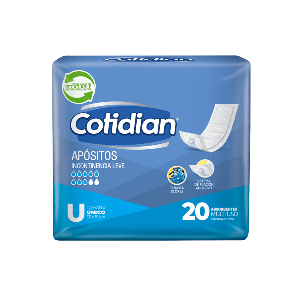 Apósito para incontinencia leve marca Cotidian desechable, 20 unidades talla única con sistema de fijación adhesiva.