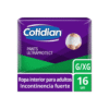 Pañal para adulto mayor con cintas ajustables y alta absorción para incontinencia severa. Marca Cotidian.