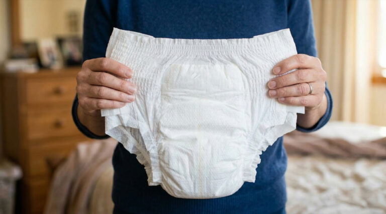 Mujer con pañal en la mano, buscando saber cual es su talla de pañal marca Comodity